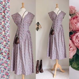 Vintage Floral Button Front Cinched Waist Cotton Midi Dress
